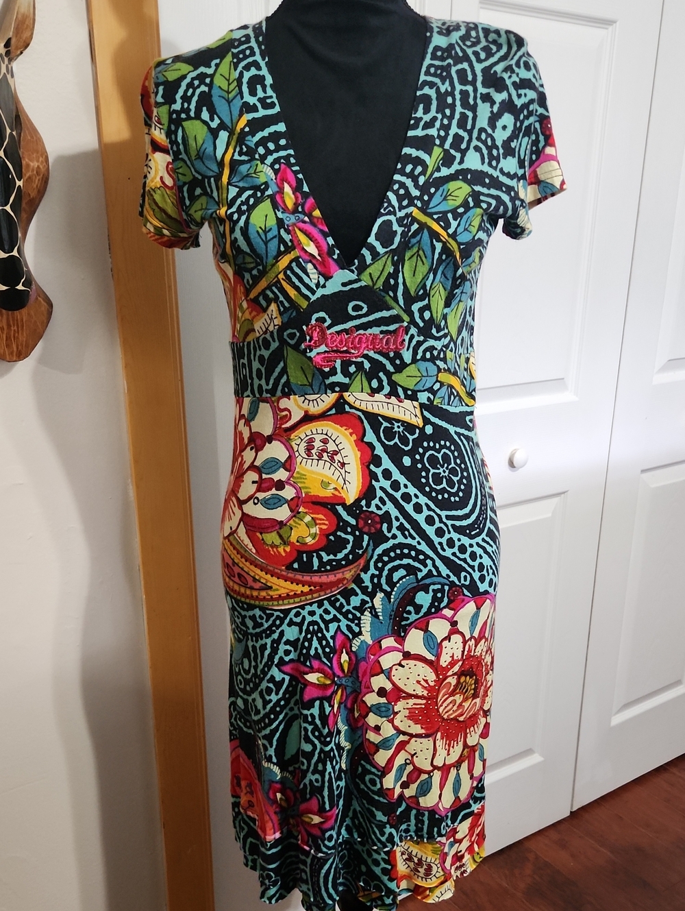 Boho Desigual Turquoise Multicolor Floral V-Neck Midi Dress